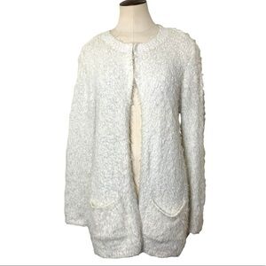 DENVER Hayes Cozy Soft Fuzzy Eye Lashes White Knit Cardigan Sweater & Pockets L